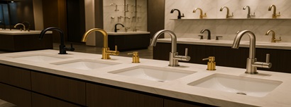 Assortment of kitchen faucet and soap dispenser combinations for different multifamily unit types